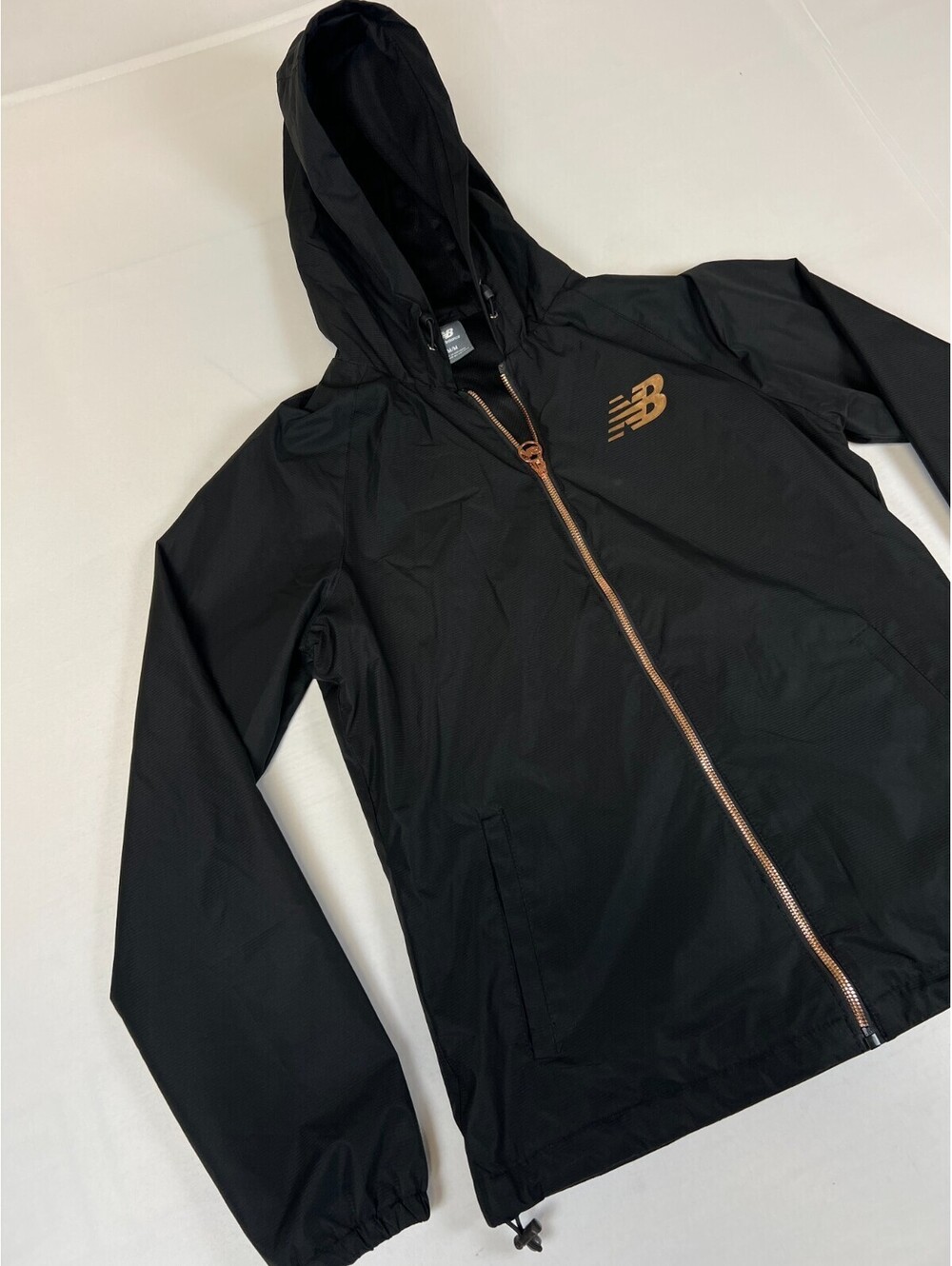 New Balance Womens M Black Full Zip Hooded Windbreaker Jacket Rose Gold Logo - Picture 5 of 10